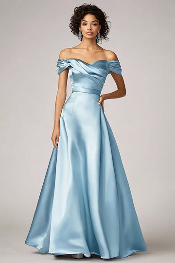 Robe formelle en satin à épaules dénudées bleu ciel